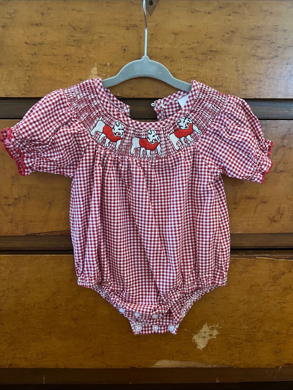 UGA Red Gingham Baby Bubble with Embroidered Bulldogs